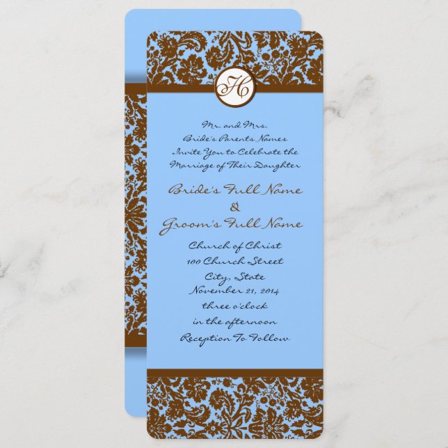 Brown Damask on Blue Wedding Einladung (Vorne/Hinten)