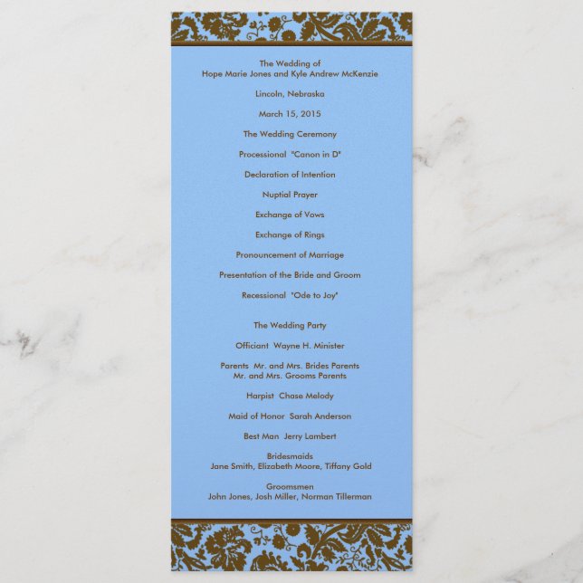 Brown Damask on Blue Wedding Program Programm (Vorderseite)
