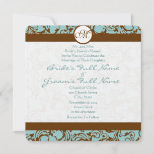 Brown Damask on Deep Aqua Wedding Einladung