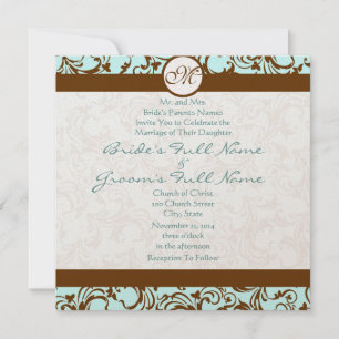 Brown Damask sur Aqua Blue Faire-part de mariage