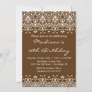 Brown Damask Sweet sixteen Anniversaire Invitation