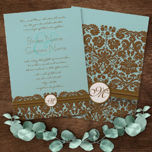 Brown Damask Wedding Monogram Invitations