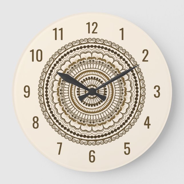 Brown Earth Tones Henna Mandala Große Wanduhr (Vorderseite)