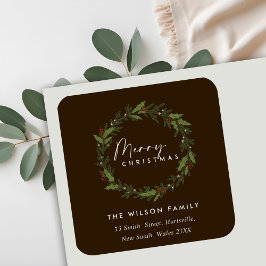 BROWN ELEGANT HOLLY BERRY WREATH CHRISTMAS ADRESSE QUADRATISCHER AUFKLEBER