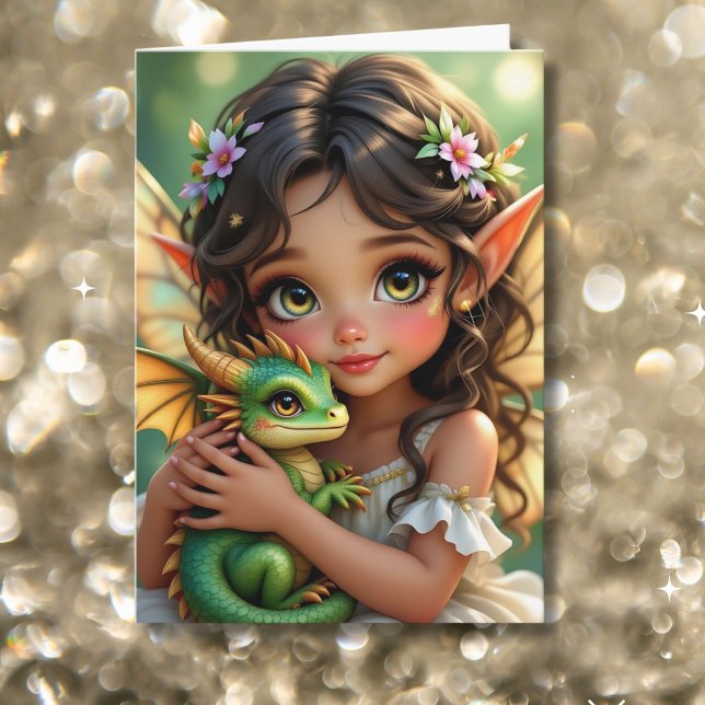 Brown Eyed Elven Fairy and Dragon Birthday Karte (Von Creator hochgeladen)