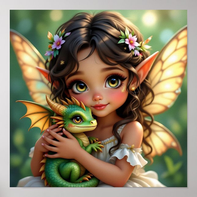 Brown Eyed Elven Fairy and Dragon  Poster (Vorne)