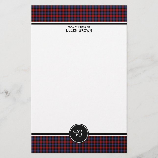 Brown Family Tartan Red and Blue Kariert Monogram Briefpapier (Vorderseite)