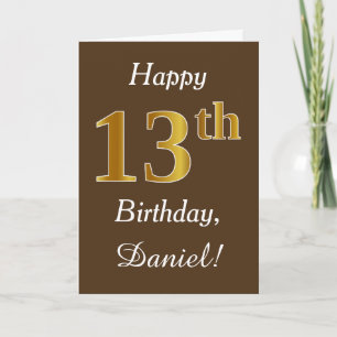 Brown, Faux Gold 13th Birthday + Custom Name Karte