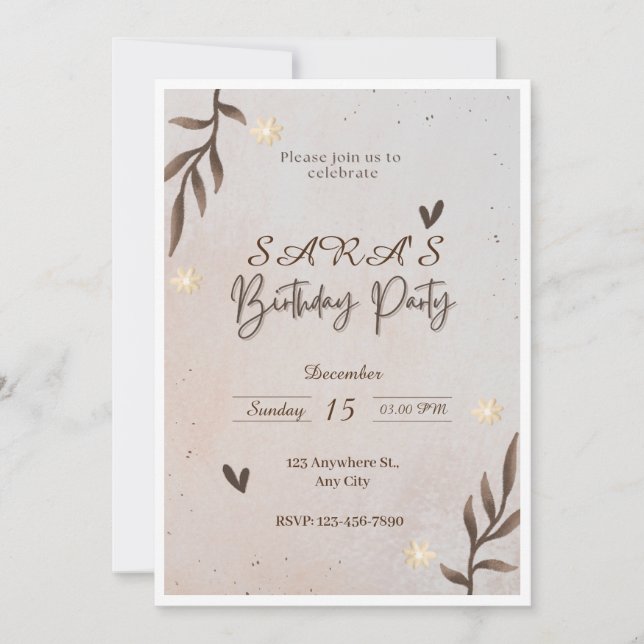 Brown Floral Aquarelle Feuilles Invitation d'anniv (Devant)