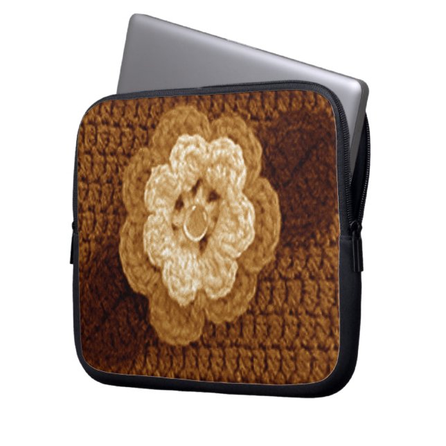 Brown floral Artisan Crochet Print Electronics Bag Laptopschutzhülle (Vorderseite Links)
