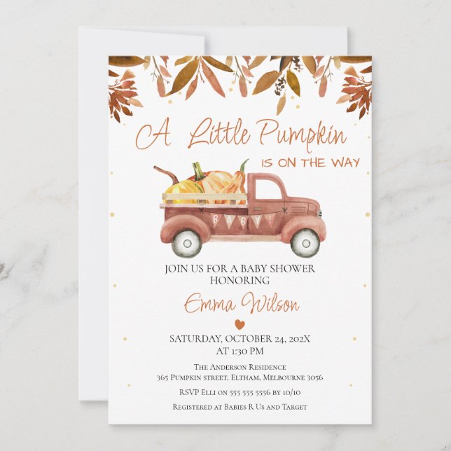 Brown Foliage Heart Pumpkin Truck Baby Dusche Einladung (Vorderseite)