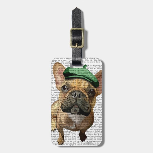 Brown French Bulldog mit Grünem Hut 2 Gepäckanhänger (Vorderseite vertikal)