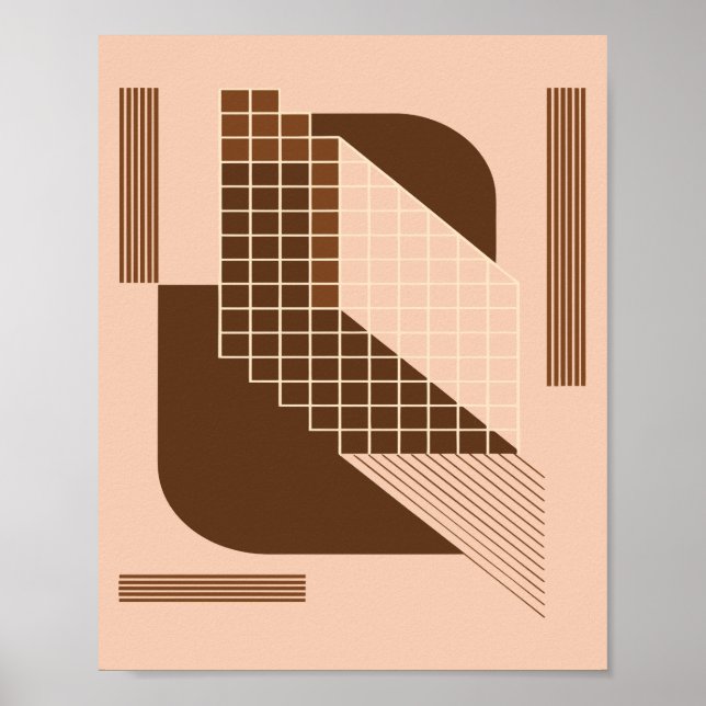 Brown Geometry with White Grid on Beige Background Poster (Vorne)