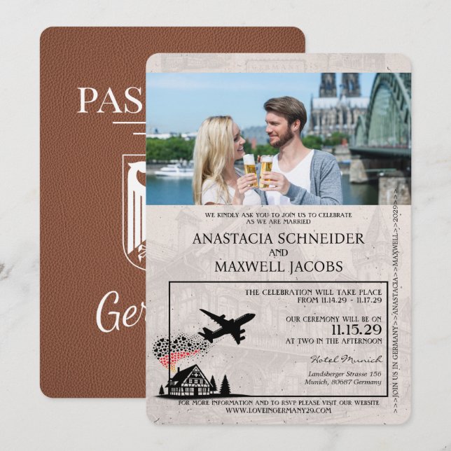 Brown Germany Passport Wedding Einladung (Vorne/Hinten)