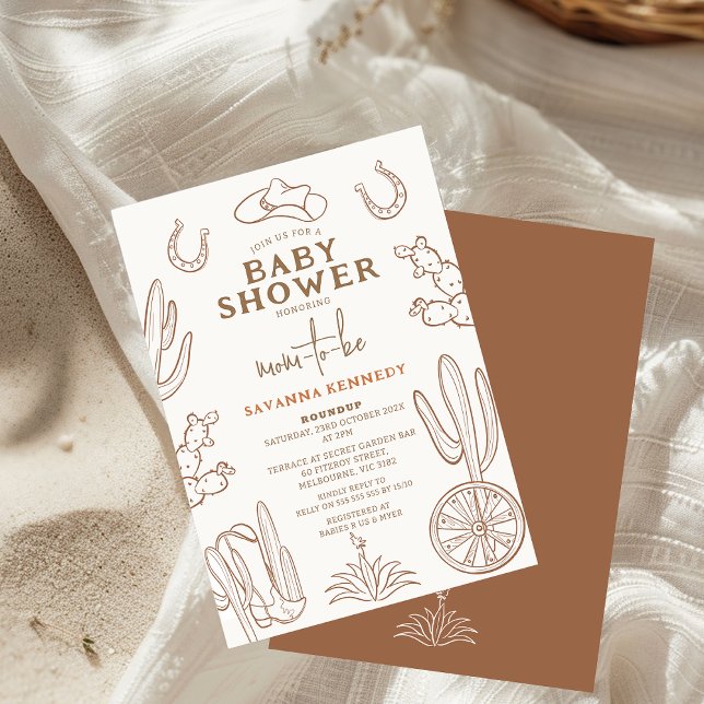 Brown Gezeichnet Western Cowgirl Babydusche Einladung (Western Baby Shower Invitation, Brown Line Drawn Wild West Baby Shower Invitation, Modern, Boho)