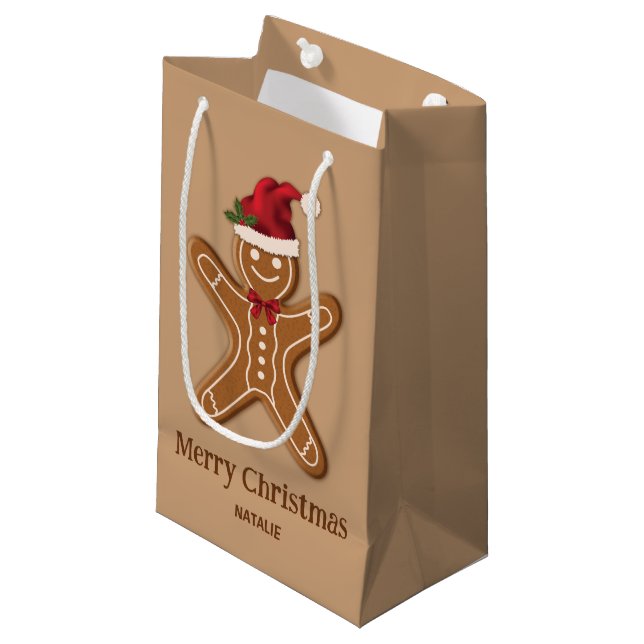 Brown Gingerbrot Weihnachtskost mit Text Kleine Geschenktüte (Vorderseite Schrägansicht)