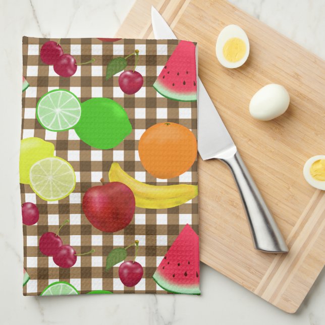 Brown Gingham Karo mit Fruit Pattern Geschirrtuch (Viertel Falte)