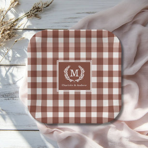 Brown Gingham Monogram Wappen Custom Pappteller