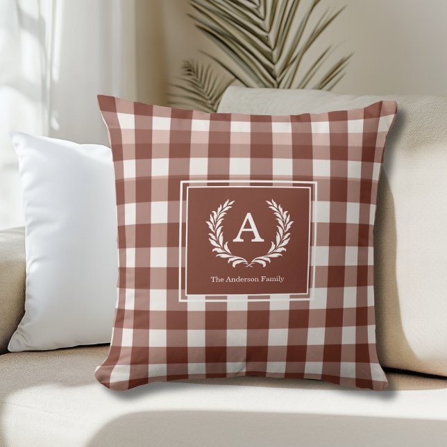 Brown Gingham Monogram Wappen Kissen (Brown Gingham Monogram Crest Throw Pillow)
