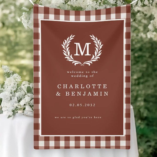 Brown Gingham Monogram Wappen Wedding Welcome Banner (Brown Gingham Monogram Crest Wedding Welcome Banner)