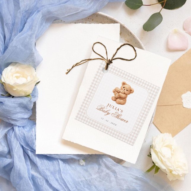 Brown Gingham Teddy Bear Neutral Baby Shower Paper Geschenkanhänger (Von Creator hochgeladen)