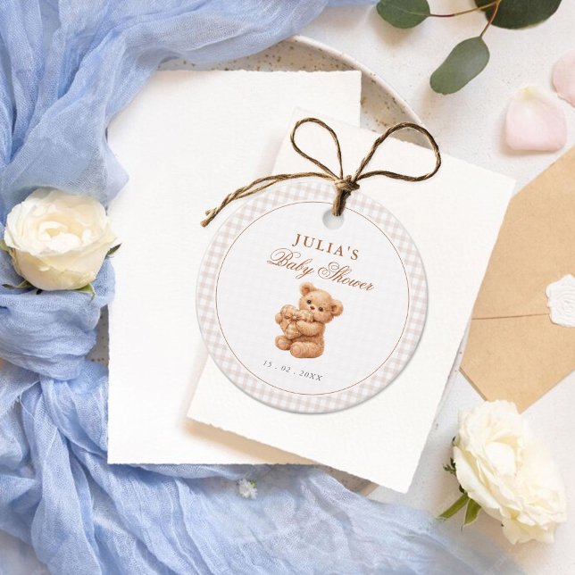 Brown Gingham Teddy Bear Neutral Baby Shower Paper Geschenkanhänger (Von Creator hochgeladen)