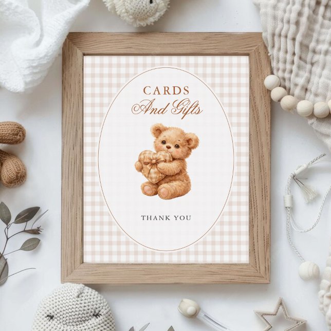 Brown Gingham Teddy Bear Neutral Baby Shower Paper Poster (Von Creator hochgeladen)