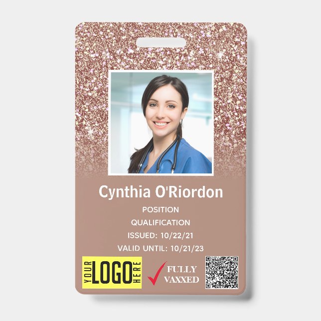 Brown Glitzer Medical Foto ID QR Strichcode Abzeic Ausweis (Vorderseite)