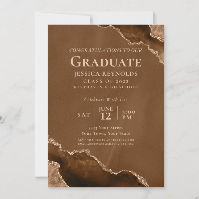 Brown Gold Agate Photo Graduation Party Invitation (Devant)