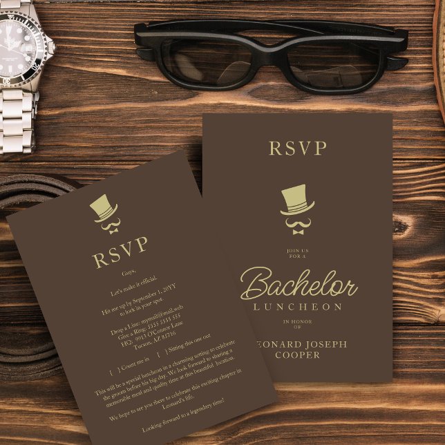 Brown Gold Chic Funny Gentleman Bachelor Luncheon RSVP Karte (Brown & Fake Gold Chic Funny Gentleman Bachelor Luncheon RSVP Card.)