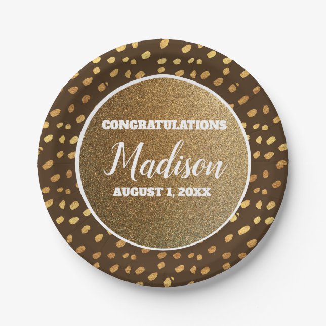 Brown Gold Confetti Abschluss Uni Trunk Party Pappteller (Vorderseite)