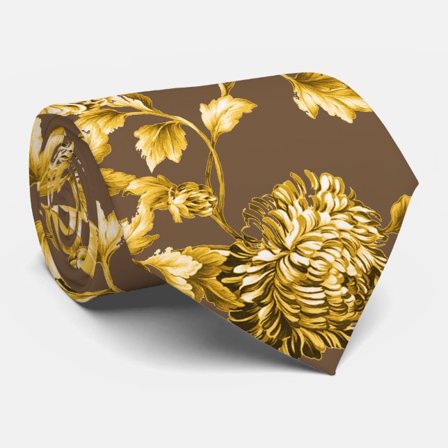Brown & Gold Dahlias Floral Wedding Krawatte (Gerollt)