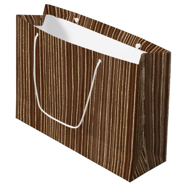 Brown Gold Stripes Christmas Große Geschenktüte (Vorderseite Schrägansicht)