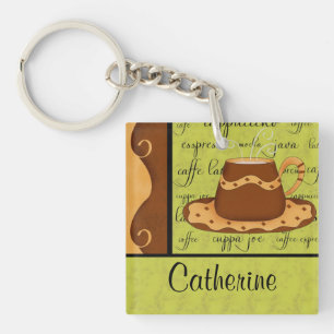 Brown-Goldgrün-Schachbrett-Kaffeetasse-Kunst-Name Schlüsselanhänger