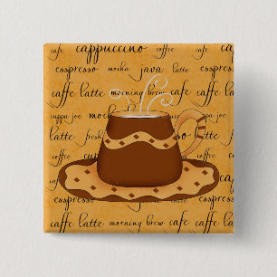 Brown-Goldkaffeetasse-Kunst auf Skript-Hintergrund Button