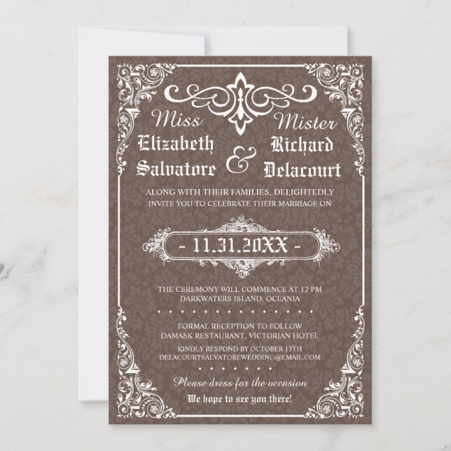 Brown Gothic Viktorianisch Damask Wedding Invites Einladung (Vorderseite)