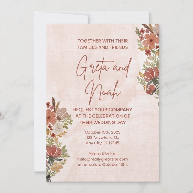 Brown Green Watercolor Floral Wedding Invitation (Devant)