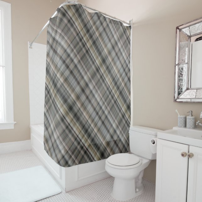 Brown gris Plaid Rustique Neutre Douche Rideau (En situation)