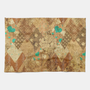 Brown Grunge Quilt Stars Herz Geschirrtuch