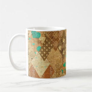 Brown Grunge Quilt Stars Herz Kaffeetasse