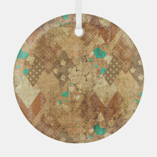 Brown Grunge Quilt Stars Herz Ornament Aus Glas
