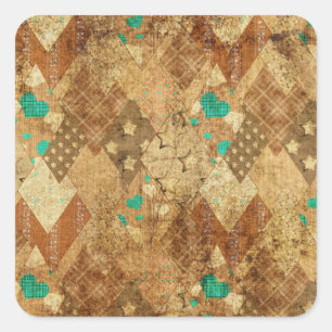 Brown Grunge Quilt Stars Herz Quadratischer Aufkleber