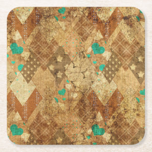 Brown Grunge Quilt Stars Herz Rechteckiger Pappuntersetzer