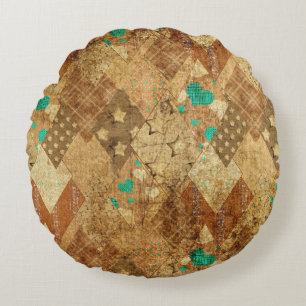 Brown Grunge Quilt Stars Herz Rundes Kissen