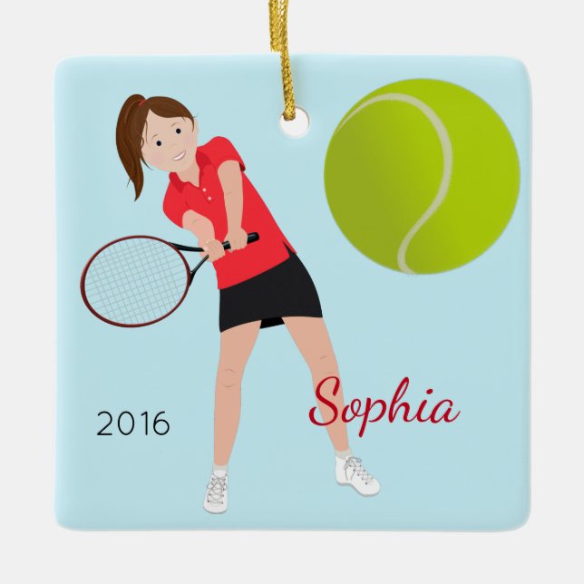 Brown-Haar-Tennis-Spieler-Andenken Keramikornament (Vorderseite)