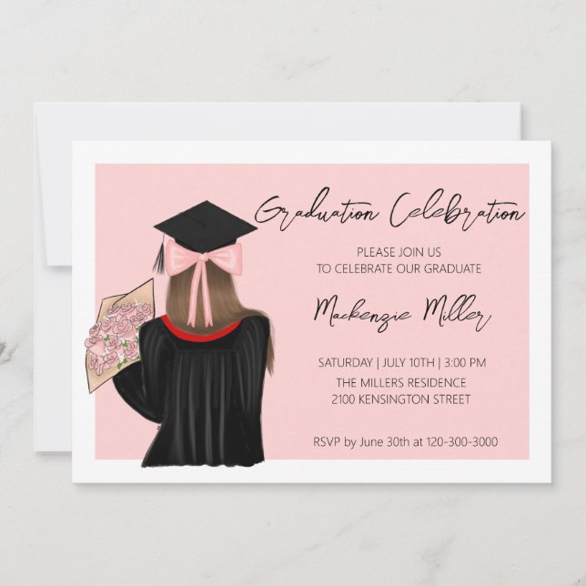 Brown Hair Coquette Girl Graduation Party Einladung (Vorderseite)