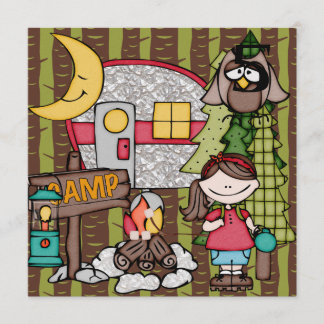 Brown Hair Girl Camping Birthday Invitations Einladung