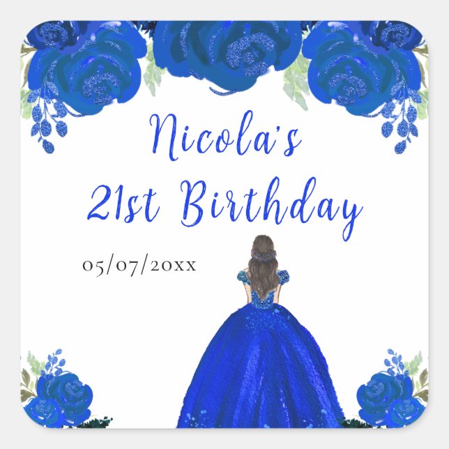 Brown Hair Princess Blue Floral Birthday Party Quadratischer Aufkleber (Vorderseite)