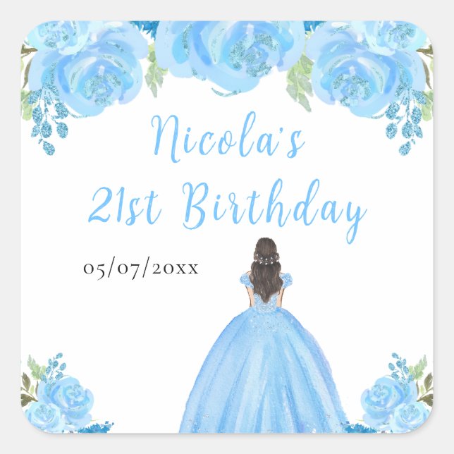 Brown Hair Princess Blue Floral Birthday Party Quadratischer Aufkleber (Vorderseite)
