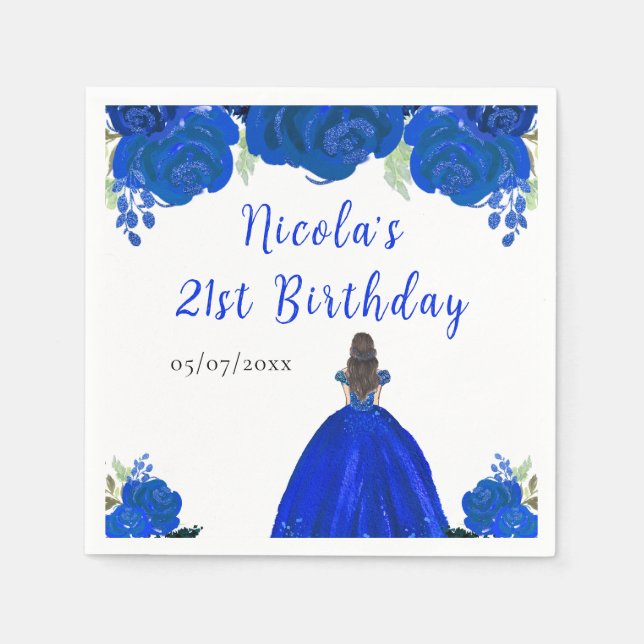 Brown Hair Princess Blue Floral Birthday Party Serviette (Vorderseite)